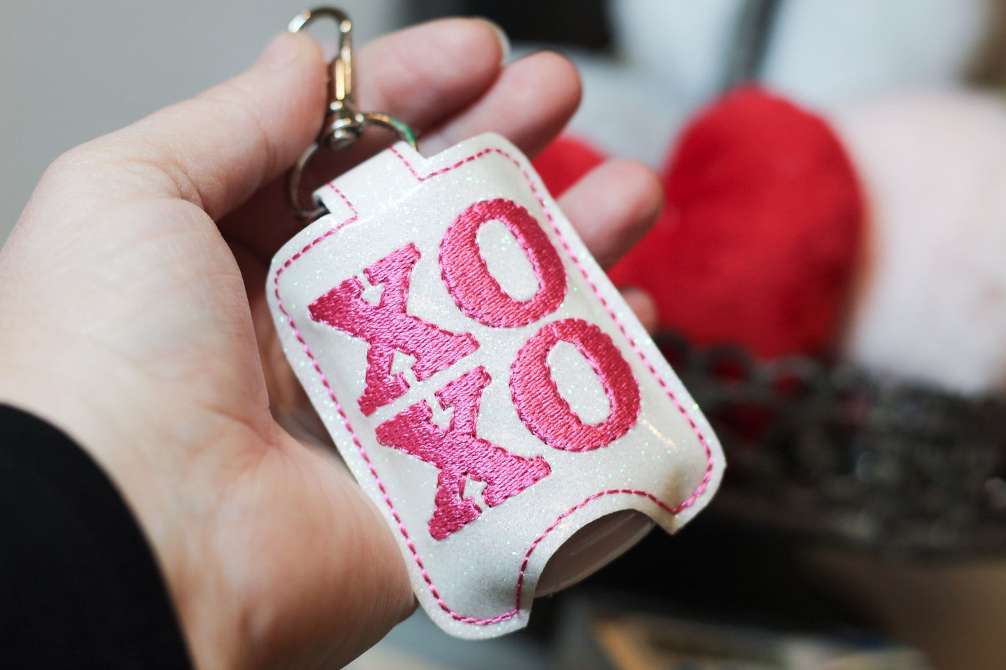 DBB XOXO Hand Sanitizer Holder Snap Tab Version In the Hoop Embroidery Project 1 oz BBW for 5x7 hoops