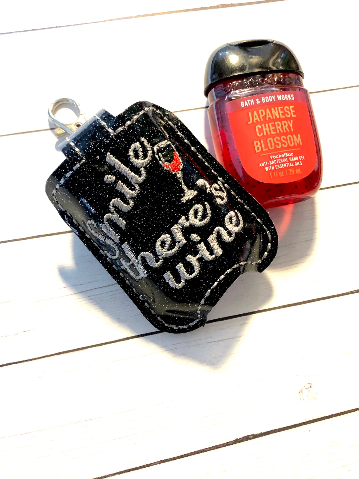 DBB Smile There's Wine Hand Sanitizer Holder Snap Tab Version In the Hoop Embroidery Project 1 oz BBW for 5x7 hoops