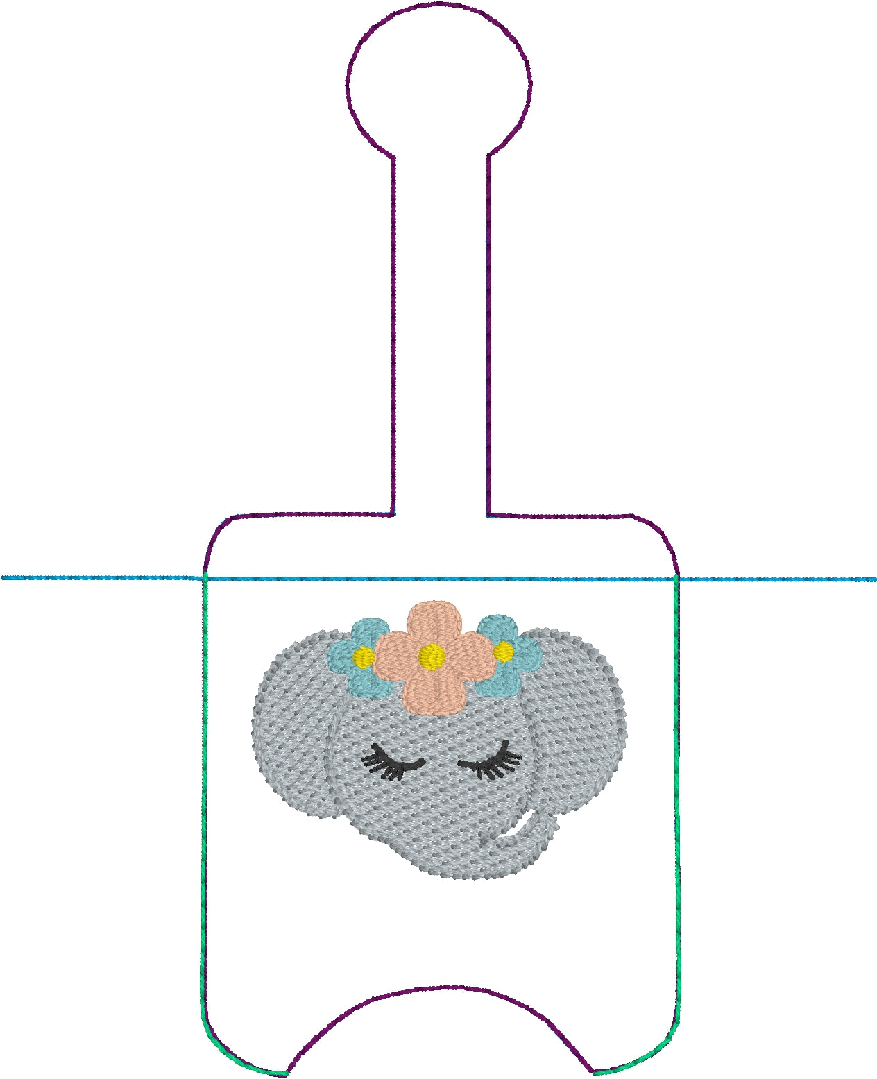 DBB Sweet Elephant Face Hand Sanitizer Holder Snap Tab Version In the Hoop Embroidery Project 1 oz BBW for 5x7 hoops