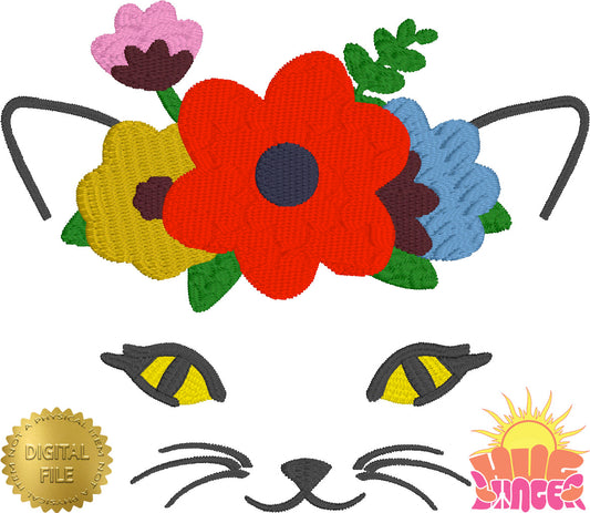 Embroidered Cat With Flowers HL5790 embroidery files