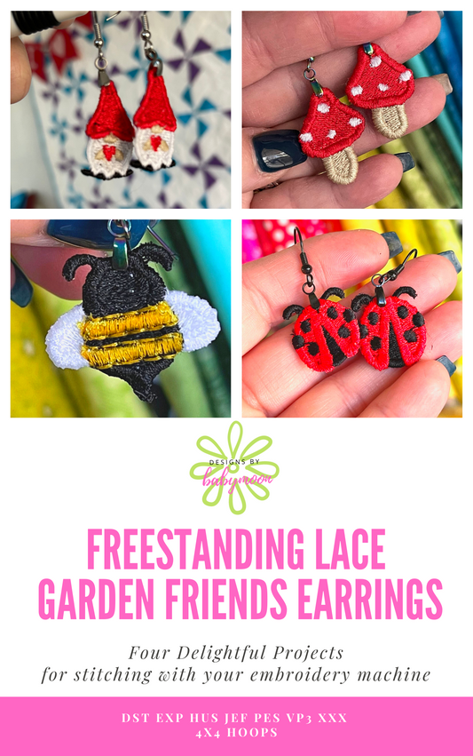 DBB FSL Garden Friends Earrings Bundle Set - Four Designs - Bee, Gnome, Mushroom and Ladybug