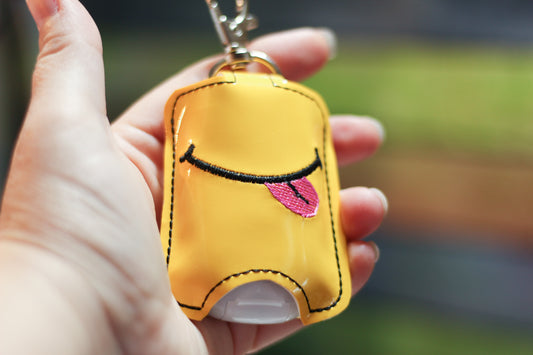 DBB Smiley Face with Tongue Hand Sanitizer Holder Snap Tab Version In the Hoop Embroidery Project 1 oz BBW for 5x7 hoops