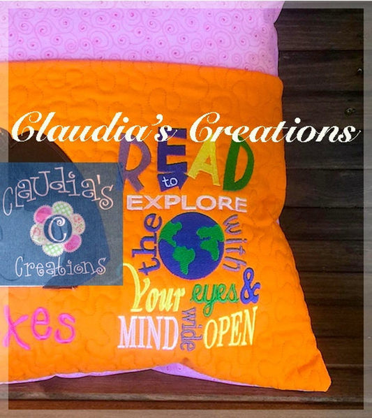 CC Read to Explore the World Subway Art Embroidery Saying, Your eyes and Mind Wide Open Subway Art, Reading Pillow Saying, Pocket Pillow