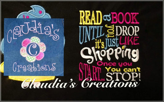 Read a Book Until You Drop Subway Word Art Embroidery Saying, Shopping Pillow Saying, Once you start, you can't stop