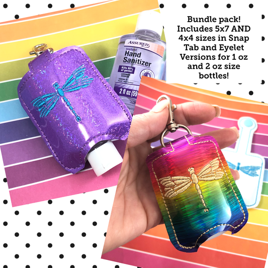 DBB Dragonfly Hand Sanitizer Holder Case BUNDLE SET Snap Tab and Eyelet Versions for 1 and 2 ounce sizes