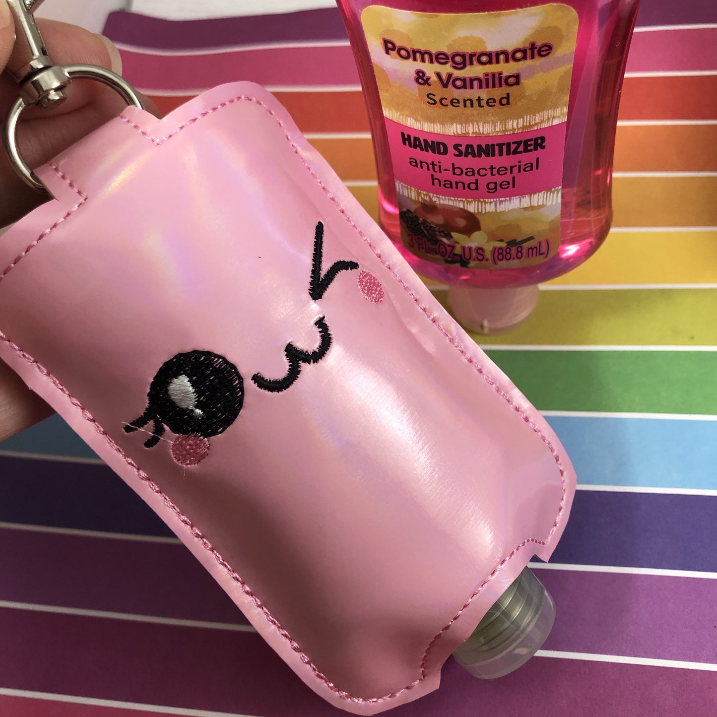 DBB NEW SIZE Winky Face Hand Sanitizer Holder Snap Tab Version In the Hoop Embroidery Project 3 oz DT for 5x7 hoops