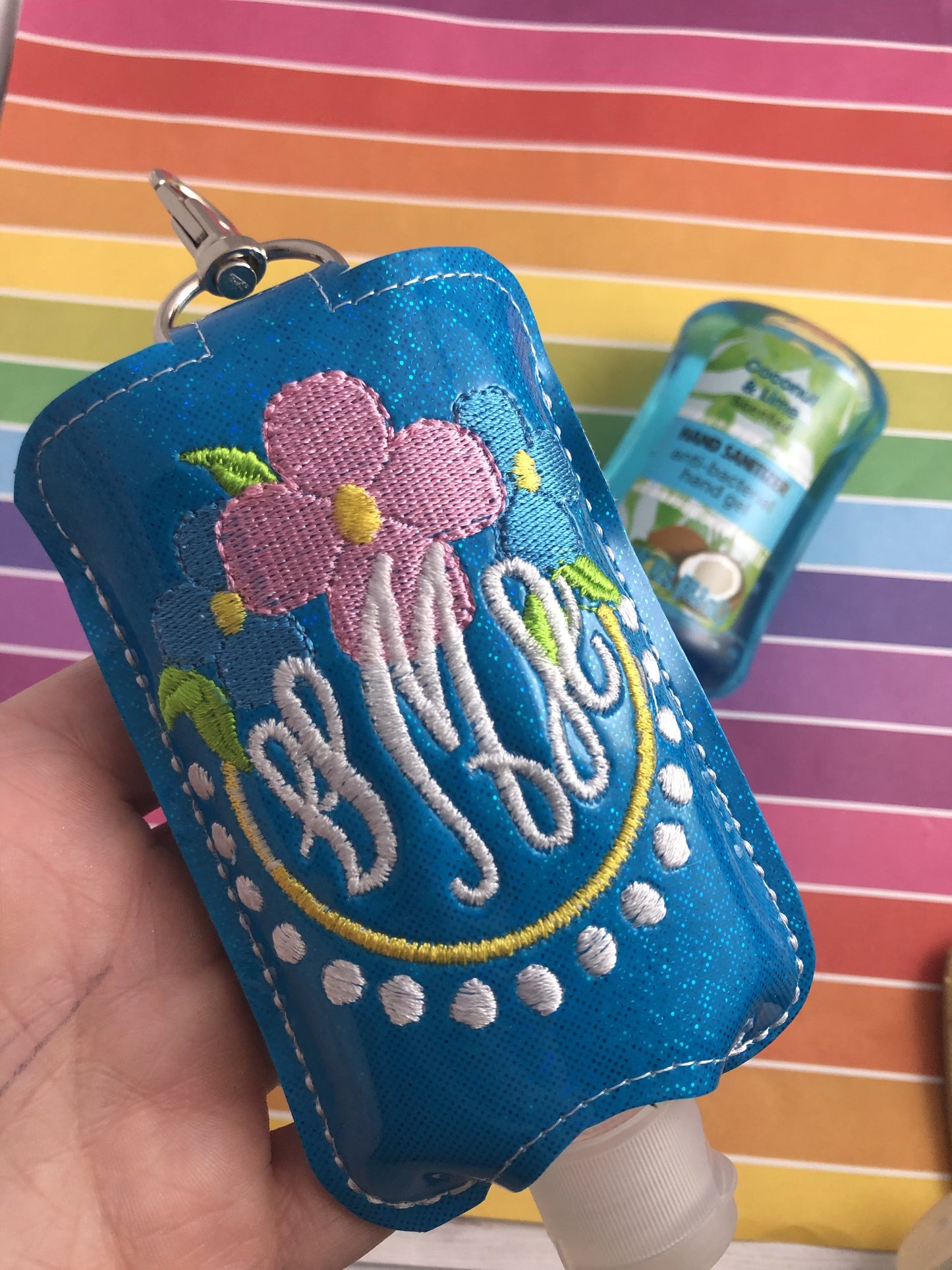 DBB Flowers and Pearls Monogram Hand Sanitizer Holder Snap Tab Version In the Hoop Embroidery Project 3 oz DT for 5x7 hoops