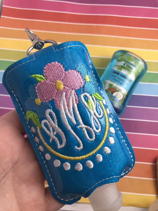 DBB Flowers and Pearls Monogram Hand Sanitizer Holder Snap Tab Version In the Hoop Embroidery Project 3 oz DT for 5x7 hoops