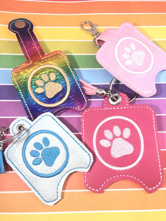 DBB Paw Print Hand Sanitizer Holder Case BUNDLE SET Snap Tab and Eyelet Versions for 1 and 2 ounce sizes