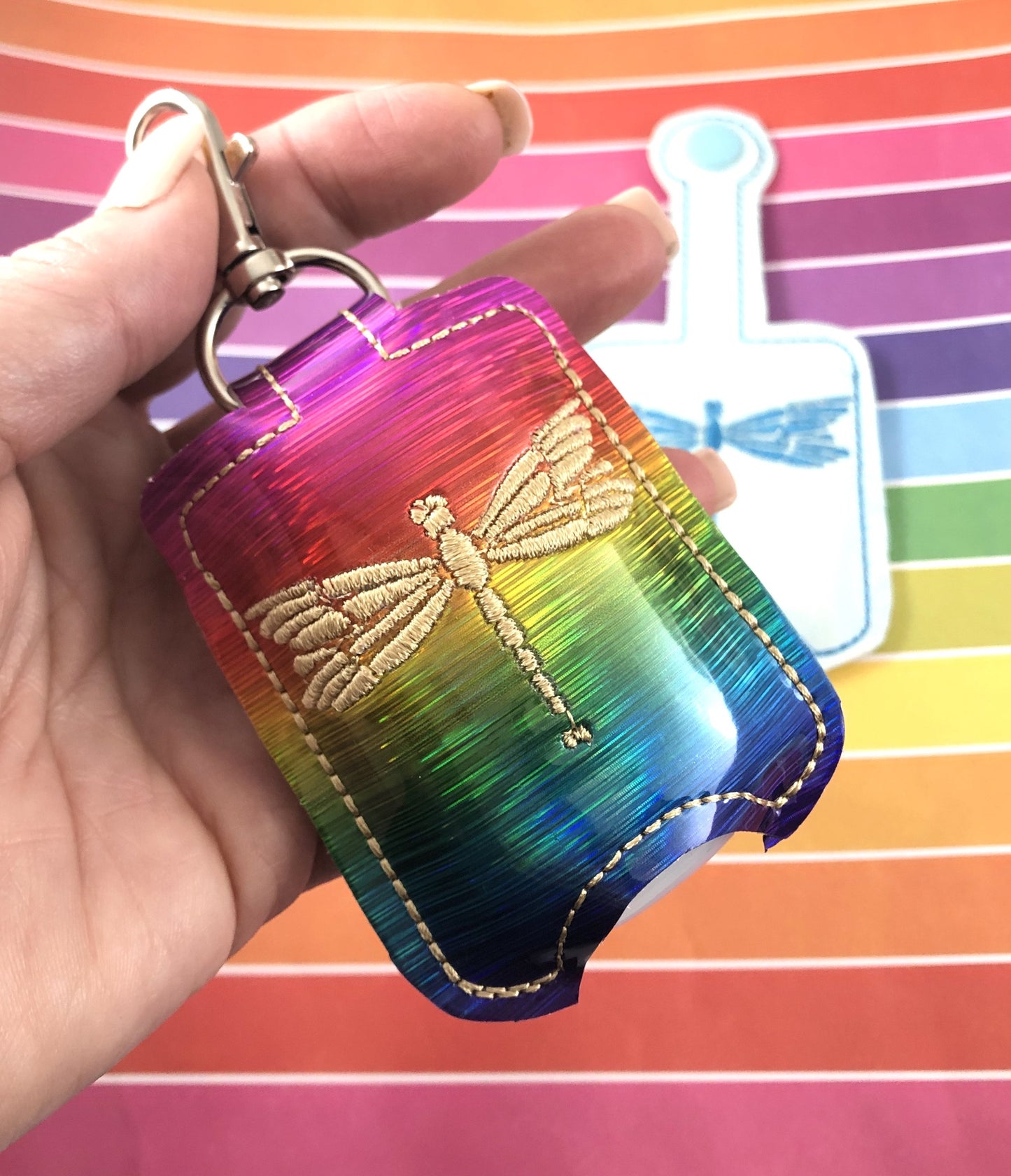 DBB Dragonfly Hand Sanitizer Holder Case BUNDLE SET Snap Tab and Eyelet Versions for 1 and 2 ounce sizes