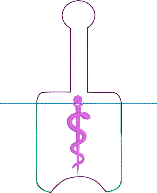 DBB Rod of Asclepius Hand Sanitizer Holder Snap Tab Version In the Hoop Embroidery Project 1 oz BBW for 5x7 hoops