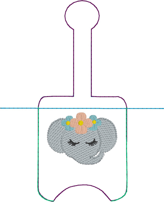DBB Sweet Elephant Face Hand Sanitizer Holder Snap Tab Version In the Hoop Embroidery Project 1 oz BBW for 5x7 hoops